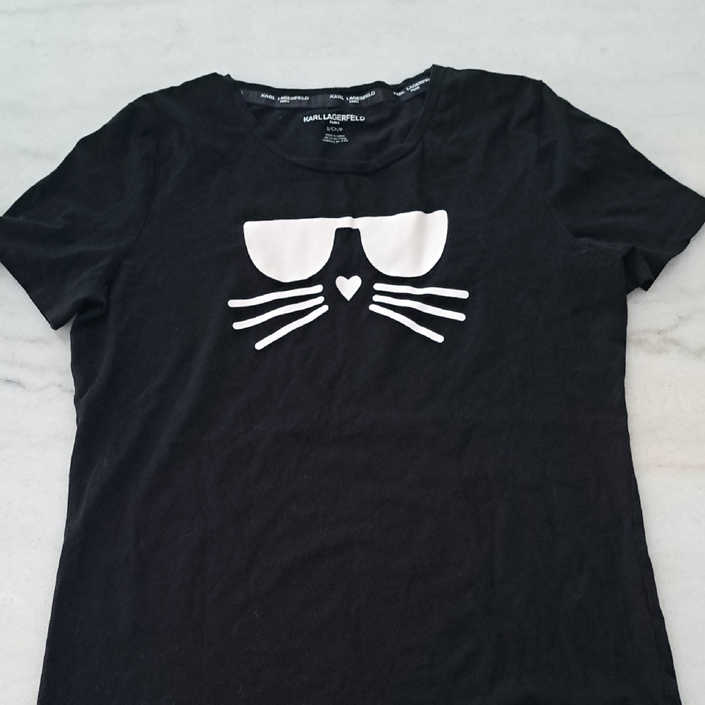 Karl Lagerfeld Black Tee with White Cat Design